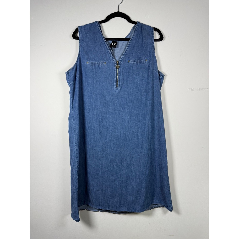 Anne Klein Women XL Denim Shift Dress Blue Sleeveless V-Neck Half Zip Sun Medal